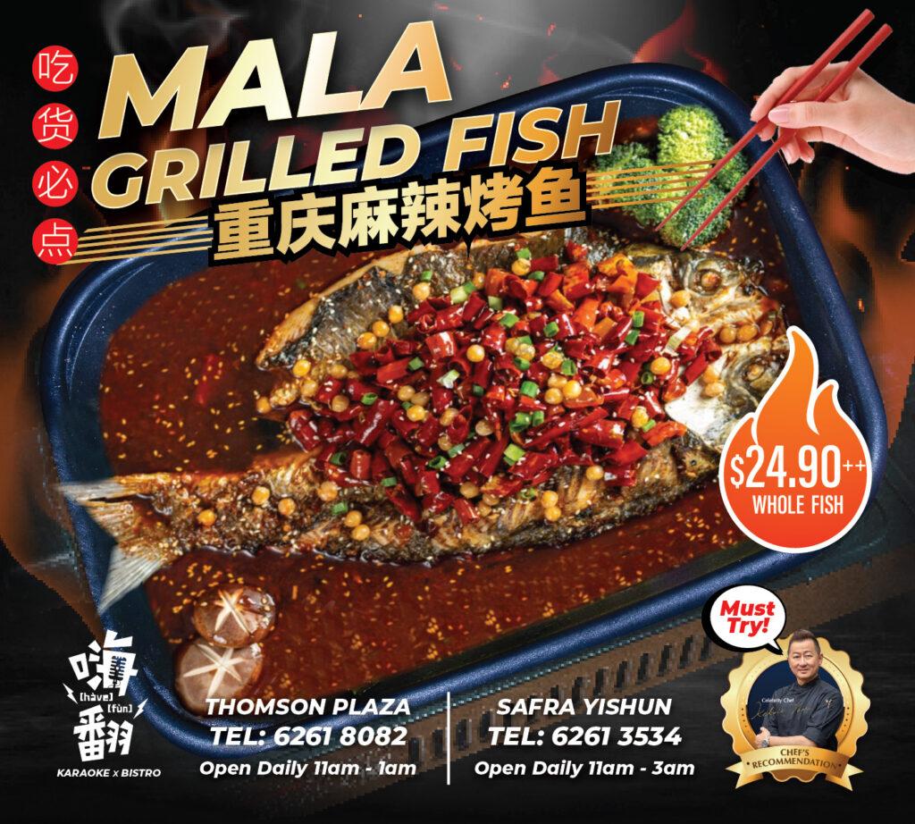 Grilled fish dish served on a hot grill with garnish and vegetables on the side. The fish is ssteaming hot on the inside and flaky on the outsidee, topped with a savory sauce of choice.